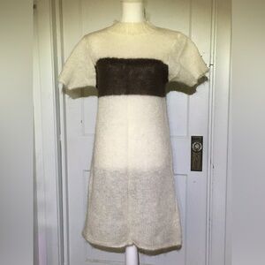 Sheer Cream and Brown Mohair Knit Short-Sleeve Dress